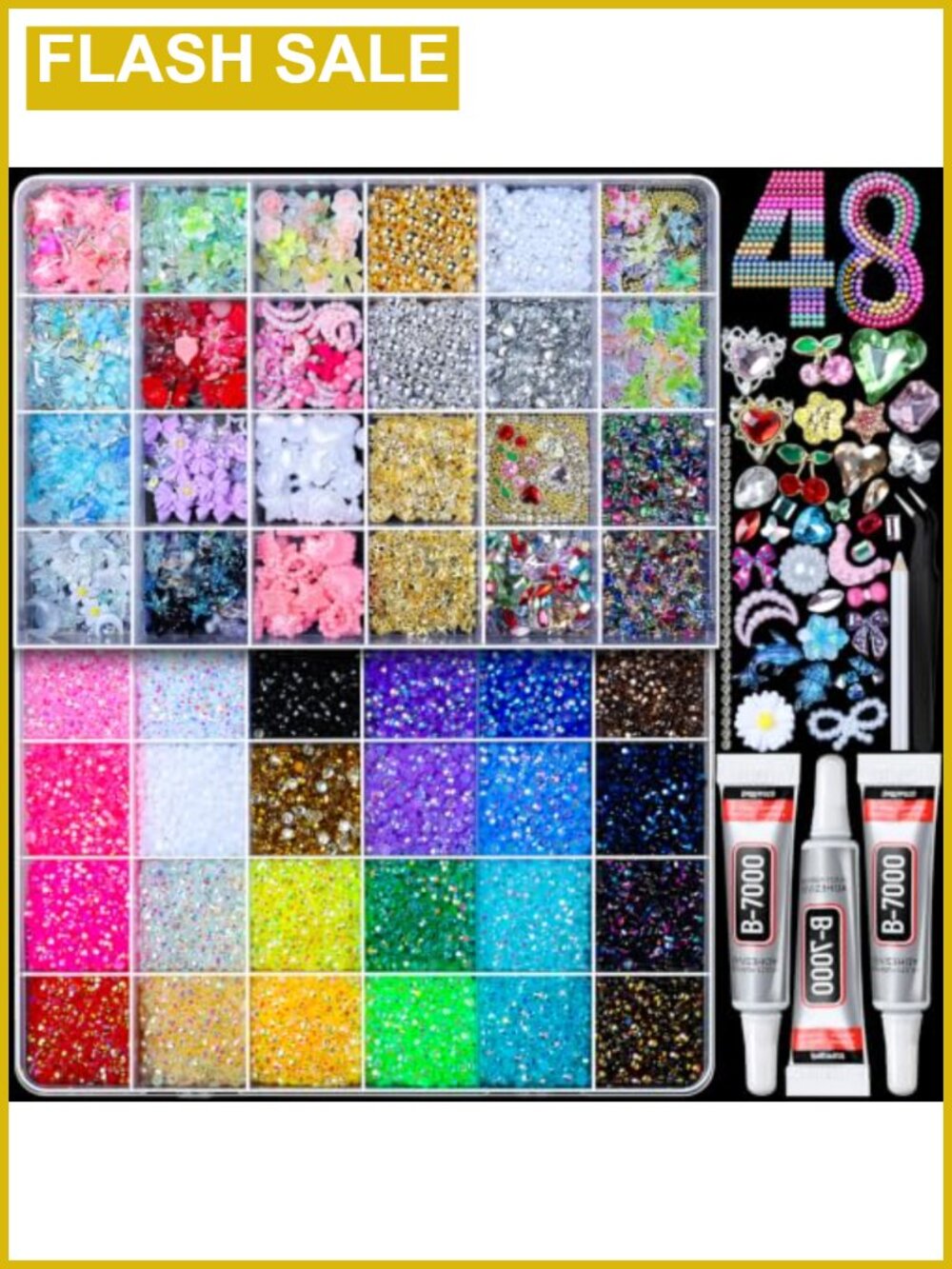 48 Grids Rhinestones Kit, 24 Colors 3mm Jelly AB Flat Back Nail Charms & Glue